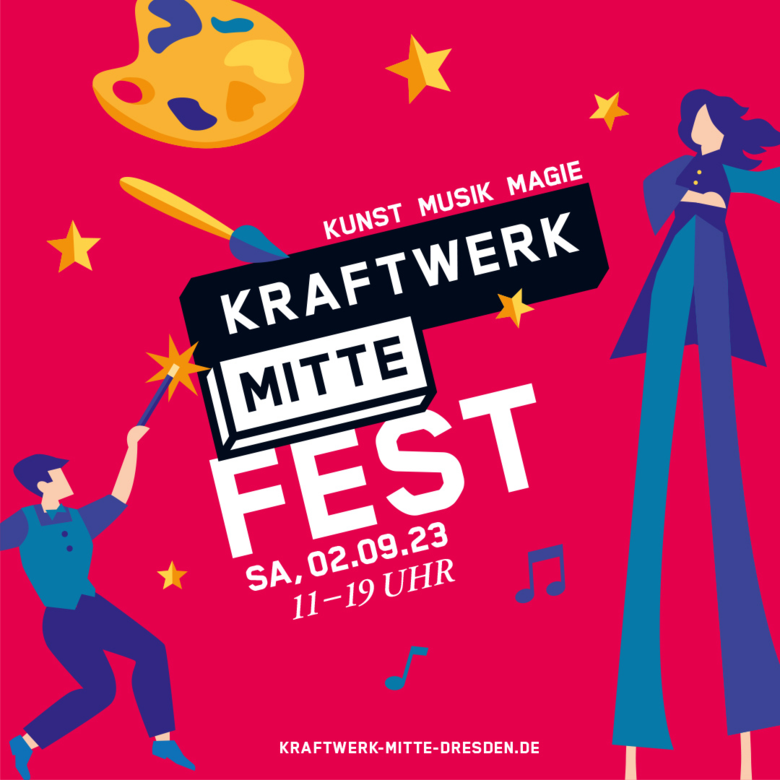 Roter Hintergrund mit zwei tanzenden Männchen darauf. In der Mitte steht gro "Kraftwerk Mitte Fest. Samstag, 02.09.23, 11-19 Uhr"
