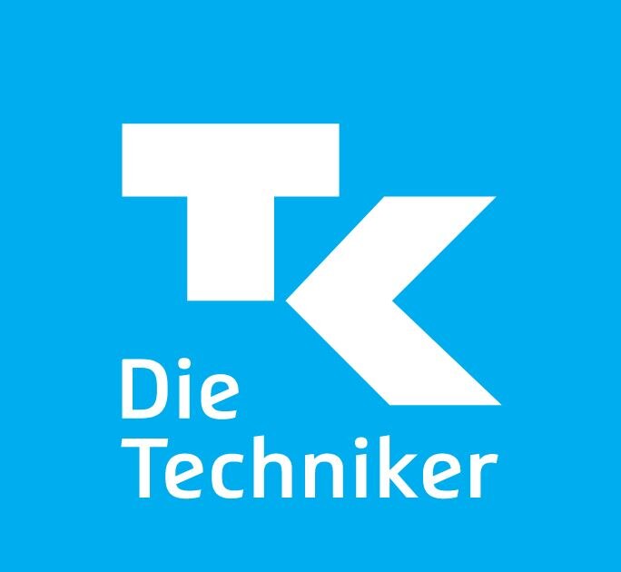 Großbuchstaben T und K und Schriftzug Die Techniker in weiß auf hellblauem Hintergrund