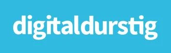 hellblauer Hintergrund auf dem mit weißer Schrift "digitaldurstig" steht.