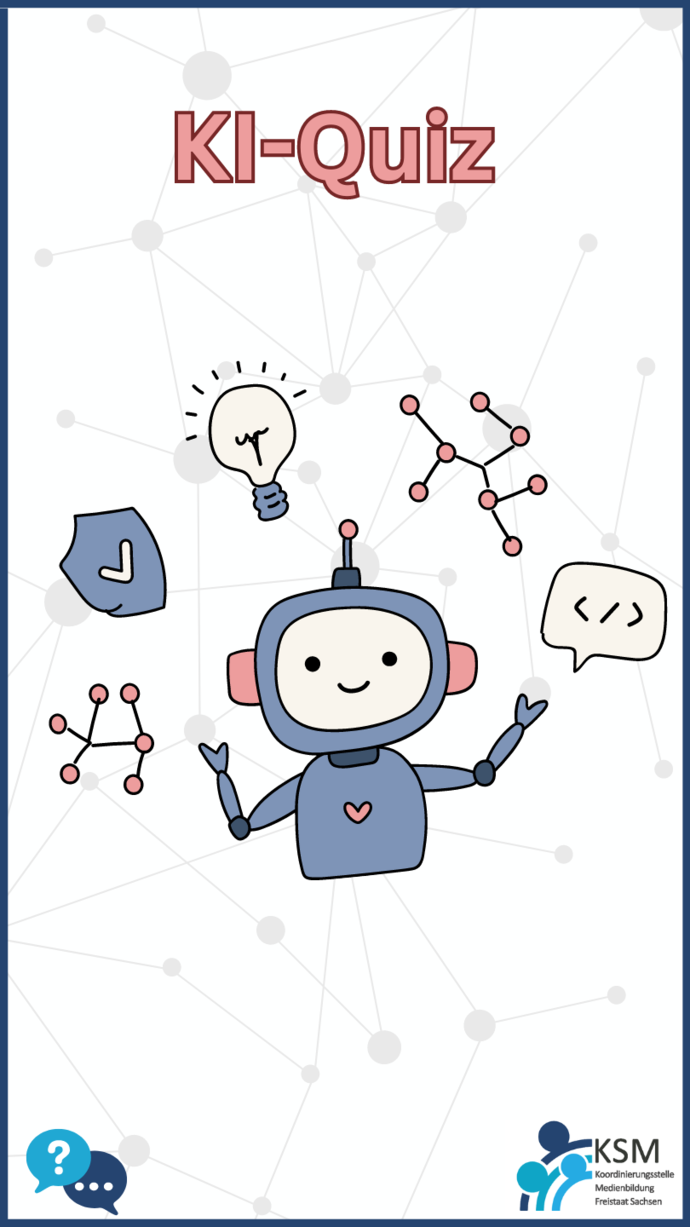 Grafik mit Titel "KI-Quiz". Bild von einem Roboter, der mit verschiedenen Icons jongliert. Dazu das Logo der KSM unten rechts. Unten Links ein Symbol für Fragen und Antworten.