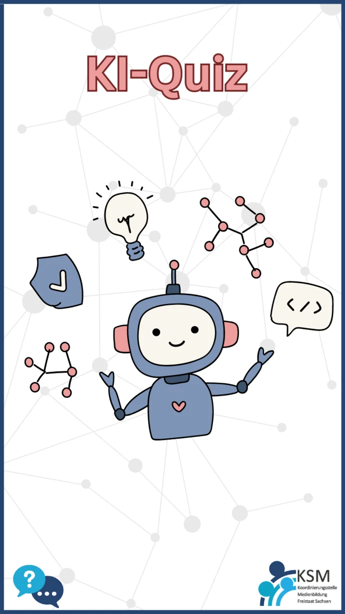 Grafik mit Titel "KI-Quiz". Bild von einem Roboter, der mit verschiedenen Icons jongliert. Dazu das Logo der KSM unten rechts. Unten Links ein Symbol für Fragen und Antworten.