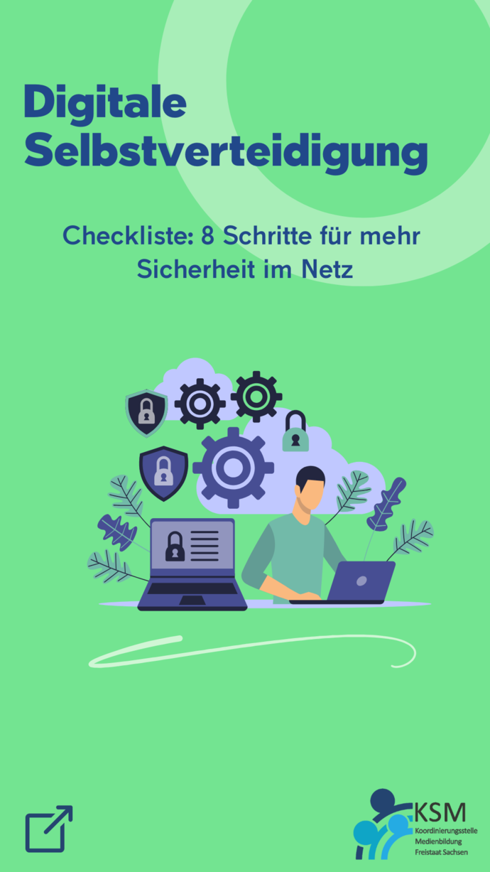 Hochformatiges Bild mit grünem Hintergrund. Zentral eine Grafik einer Person am Notebook, darüber Symbole für Sicherheit und Einstellungen (Schlösser, Zahnrad usw.). Text: 'Digitale Selbstverteidigung – Checkliste: 8 Schritte für mehr Sicherheit im Netz'.