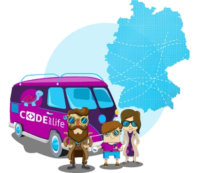 Illustration vom "Code your life"Projekt, mobil mit dem Bus unterwegs