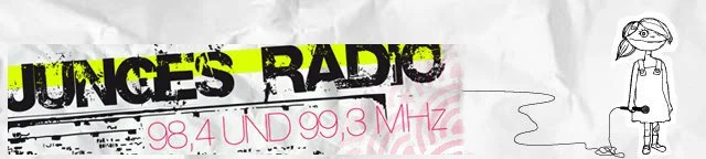 Papiergrafik mit dem Text »Junges Radio. 98,4 und 99,3 MHZ« und einem jungen Mädchen daneben, welches ein Mikrofon in der Hand hält.