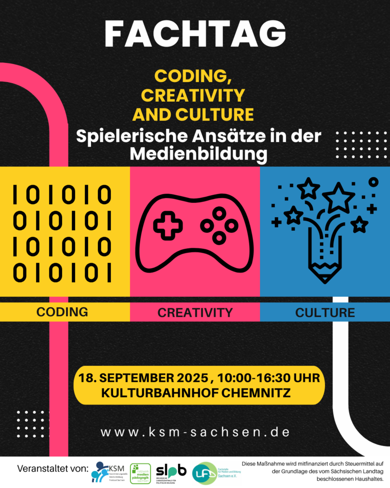 Hochformatiges Bild. Im Zentrum der Text: „Fachtag CODING, CREATIVITY AND CULTURE – Spielerische Ansätze in der Medienbildung“. Datum: 18. September 2025, 10:00–16:30 Uhr. Ort: Kulturbahnhof Chemnitz. „Save the Date“ und Website-Link: www.ksm-sachsen.de.