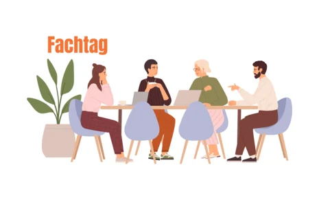 Auf der Grafik sitzen vier Leute an einem Tisch und unterhalten sich. Oben drüber steht Fachtag.