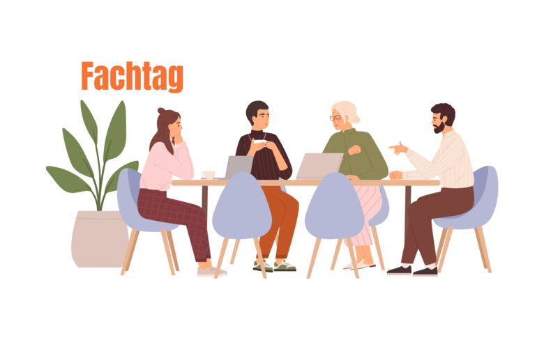 Auf der Grafik sitzen vier Leute an einem Tisch und unterhalten sich. Oben drüber steht Fachtag.