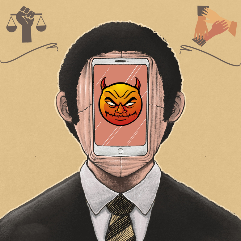 Grafik: Kopf einer Person, die statt eines Gesichts ein Smartphone hat. Diesen zeigt einen diabolisch blickenden Smiley.