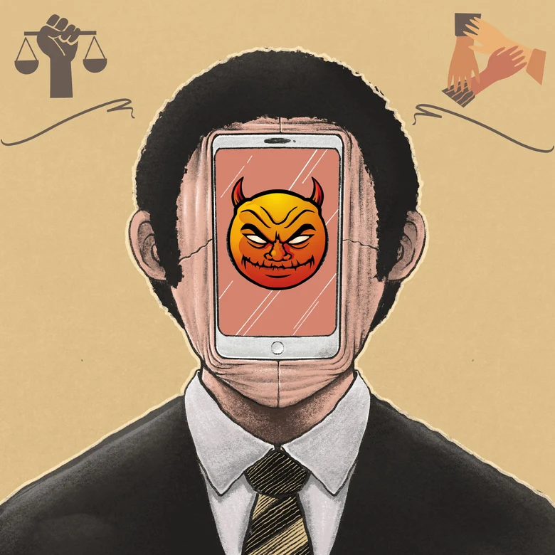 Grafik: Kopf einer Person, die statt eines Gesichts ein Smartphone hat. Diesen zeigt einen diabolisch blickenden Smiley.