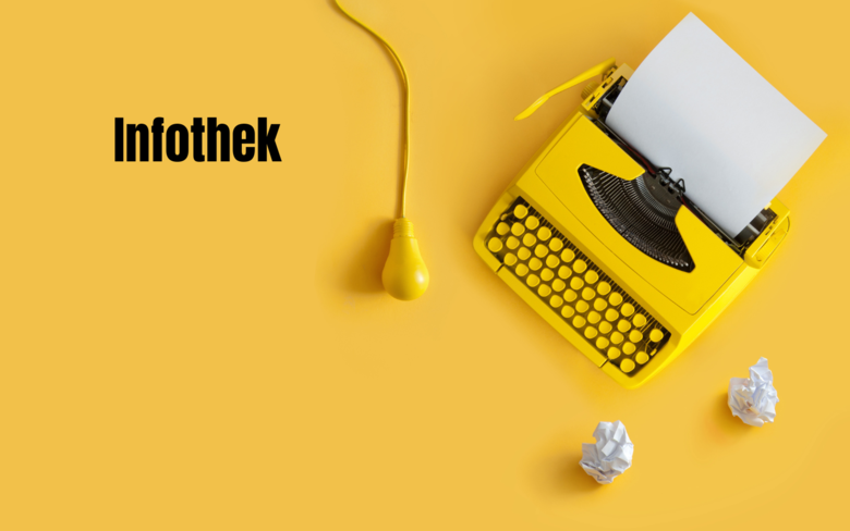 Auf einem gelben Hintergrund steht eine gelbe Schreibmaschine. Daneben steht Infothek.