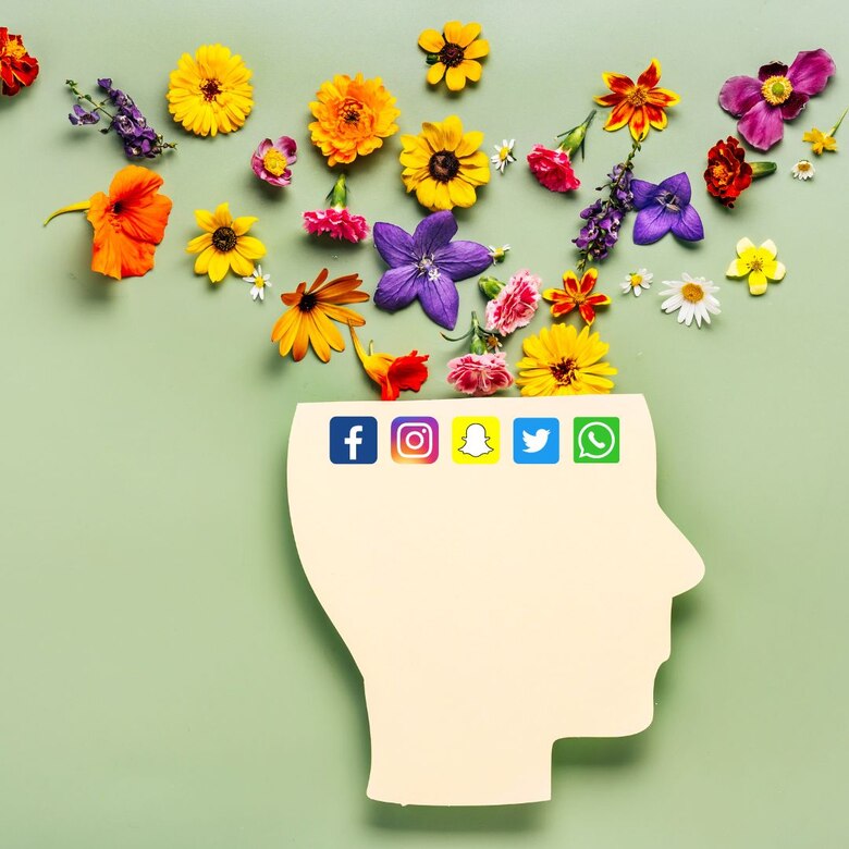 Hellgrüner Hintergrund mit einem menschlichen Kopf darauf. Am oberen Rand des Kopfes befinden sich die Icons von Facebook, Snapchat, Instagram, WhatsApp und Twitter. Aus dem Kopf kommn oben Blüten heraus.