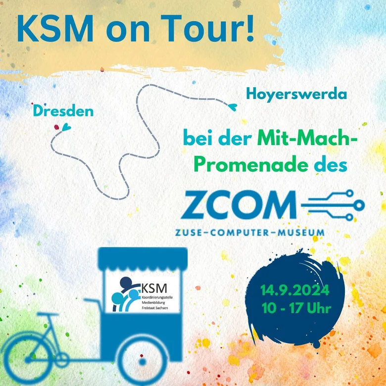 Farbenfrohes Bild mit Text: KSM on Tour bei der Mit-Mach-Promenade des Zuse-Computer-Museum am 14.9. von 10-17 Uhr.