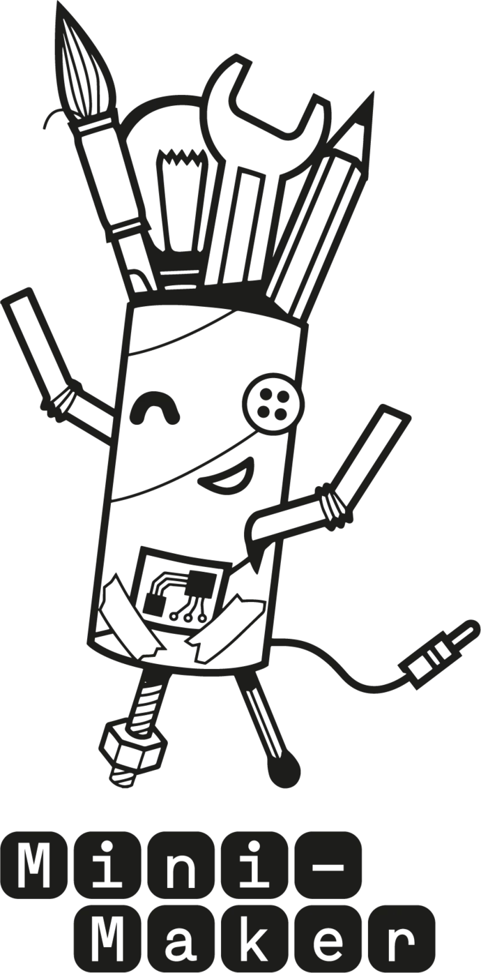 Eine Figur ist zu sehen, die einn Streichhoz und eine Schraube als Beine hat, Strohhalme als Arme und als Haare sind Pinsel, Bleistift, Schraubenschlüssel und eine Glühbirne zu sehen. Unter der Figur steht der Text Mini-Maker.