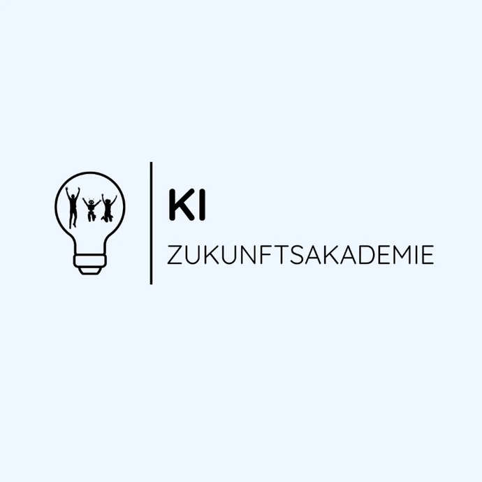 Logo mit einer Glühbirne links und drinnen springen drei Figuren: Zwei Menschen und ein Roboter. Daneben steht in großen Buchstaben »KI Zukunftsakademie«