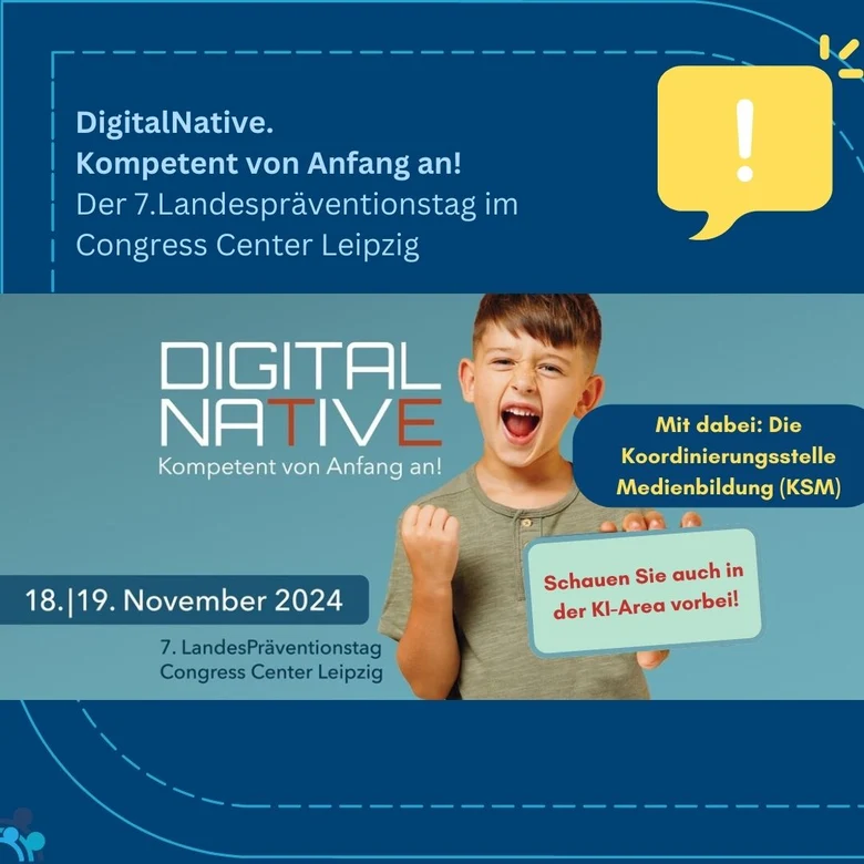 Landespräventionstag am 18. und 19.11.2024 im Congress Center Leipzig, inklusive Stand der Koordinierungsstelle Medienbildung und Hinweis auf die KI-Area.