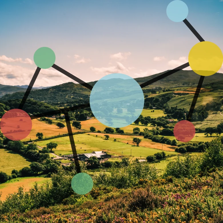 Fotografie einer Landschaft mit einer Netzwerkgrafik obendrauf.