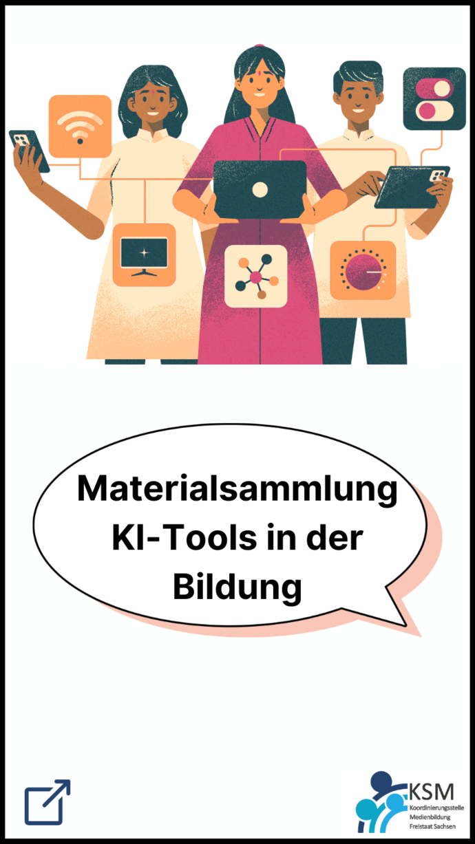 Grafik mit einem Bild. Darauf sind drei Figuren, die alle ein digitales Gerät in der Hand halten (Tablet, Smartphone etc.) Darunter der Schriftzug: Materialsammlung KI-Tools in der Bildung. Unten rechts das Logo der Koordinierungsstelle Medienbildung. Unt