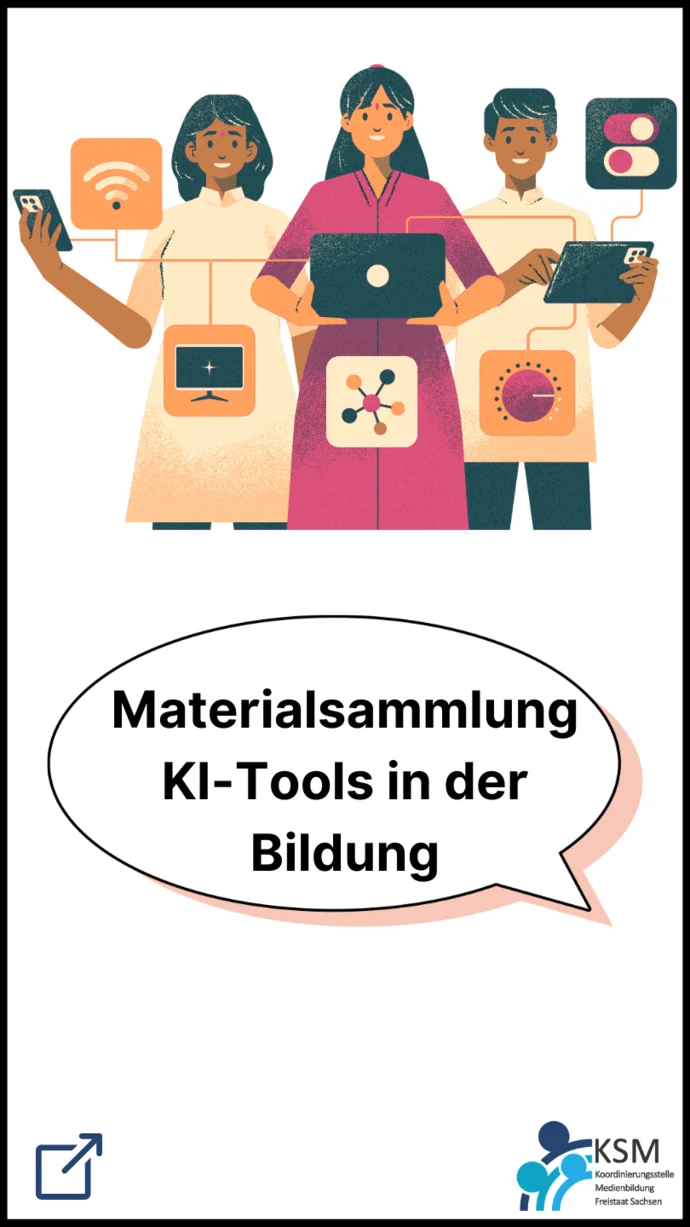 Grafik mit einem Bild. Darauf sind drei Figuren, die alle ein digitales Gerät in der Hand halten (Tablet, Smartphone etc.) Darunter der Schriftzug: Materialsammlung KI-Tools in der Bildung. Unten rechts das Logo der Koordinierungsstelle Medienbildung. Unt