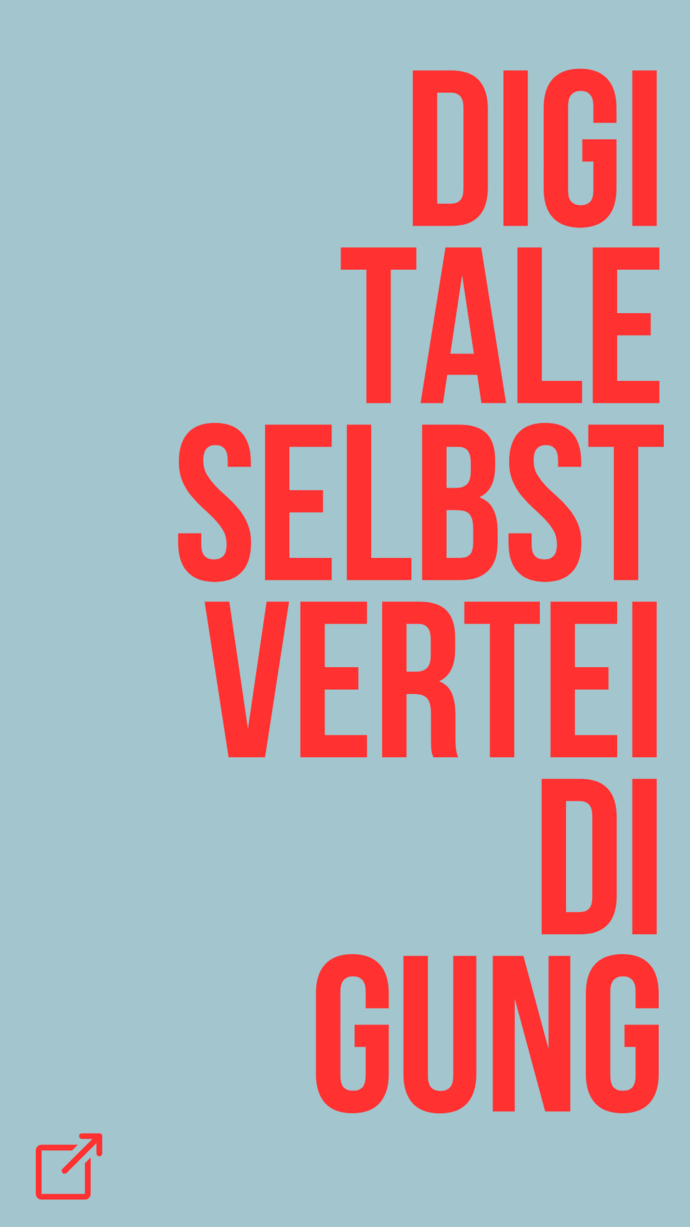 Grauer Hintergrund mit versetzten Buchstaben und dem Wort »Digitale Selbstverteidigung«.