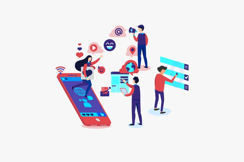 Bunte Illustration von mehreren Menschen, die mit Endgeräten arbeiten wie einem Handy, Computer oder Laptop.