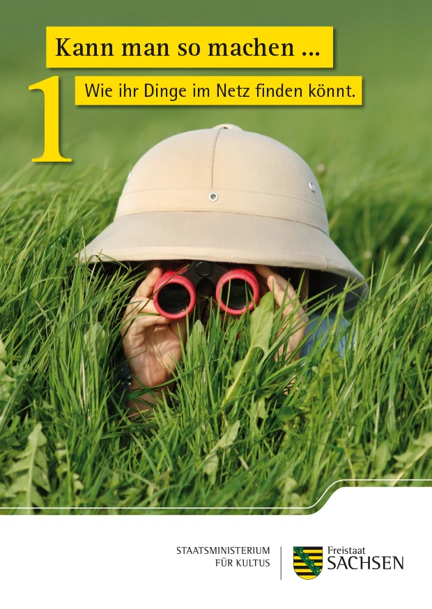 Ein Kind versteckt sich im Gras und schaut durch ein Fernglas. Oberhalb steht geschrieben: Kann man so machen... Wie ihr Dinge im Netz finden könnt.
