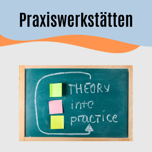 Im oberen Drittel ist ein hellblauer Hintergrund zu sehen mit dem Text »Praxiswerkstätten« und darunter ist eine orangene Welle. Darunter ist ein Tafelbild zu sehen mit drei Post-Its auf der Tafel und mit dem Kreidetext daneben »Theory into Practice«.