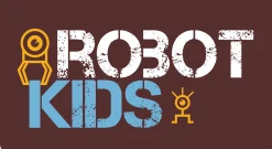 Logo von RobotKids; braunes Logo mit Schriftzug Robot (in weiß) und Kids (in hellblau)