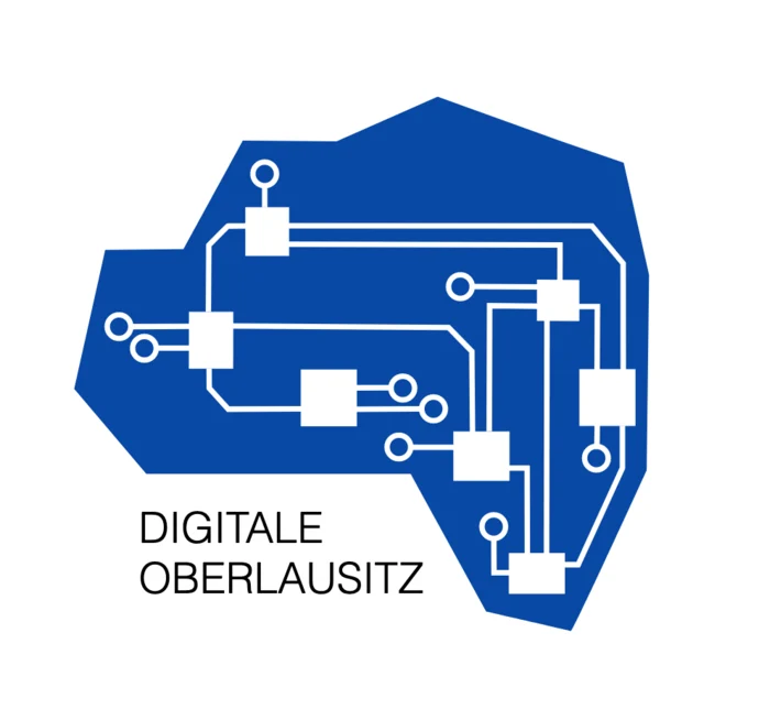 Ausschnitt einer Landkarte der Oberlausitz in Blau mit dem Abbild von einer elektronischen Schaltung.