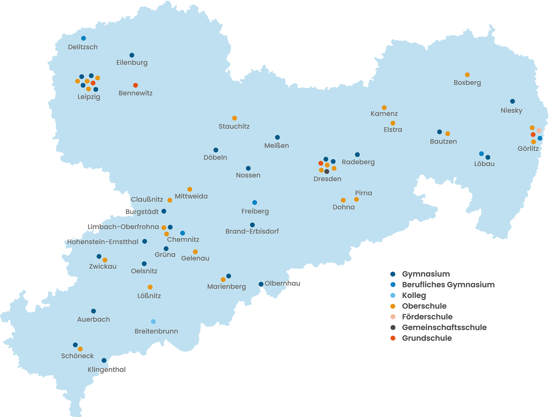 Landkarte von Sachsen mit den ausgezeichneten digitalen Schulen