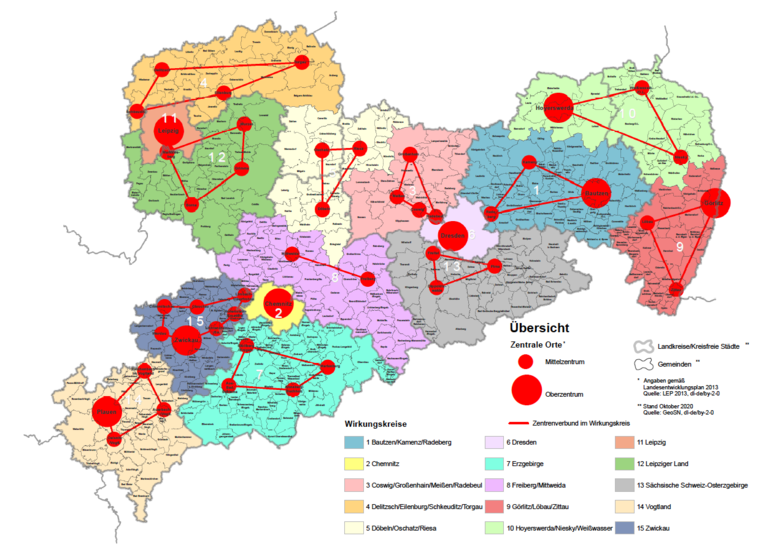 Karte von Sachsen mit der Darstellung der fünfzehn Wirkungskreise, gefördert von der SLM