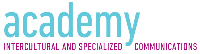 Logo bestehend aus dem Text academy – intercultural and specialized communications e. V.