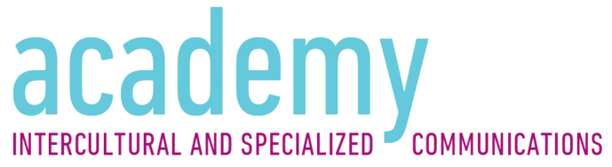 Logo bestehend aus dem Text academy – intercultural and specialized communications e. V.