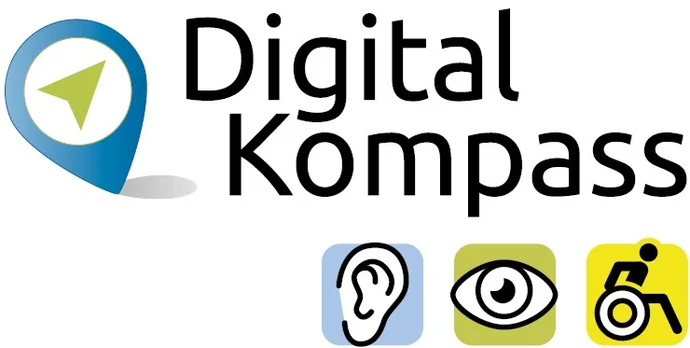 Logo vom Digitalkompass mit dem Text und drei Sympbolen mit Ohr, Auge und Rollstuhlperson.