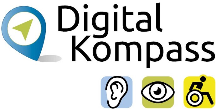 Logo vom Digitalkompass mit dem Text und drei Sympbolen mit Ohr, Auge und Rollstuhlperson.