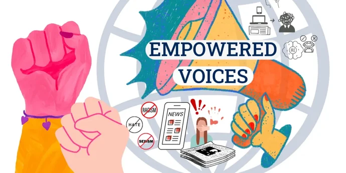 Bild mit verschiedenen Grafiken von Fäusten und einem Megaphon, dazu noch Zeitungen und ein Smartphone mit durchgestrichenen Schlagworten wie Racism, Hate und Sexism und darüber der Projekttitel "Empowered Voices".