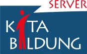 Logo des Kita-Bildungsservers, blauer Hintergrund, weiße Schrift, rotes Männchen